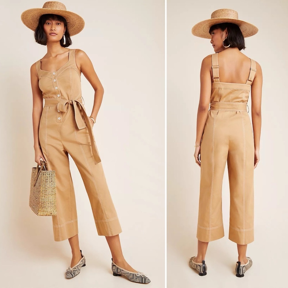 Anthropologie NWT Current Air Mischa Contrast Stitch Jumpsuit‎ Small tan camel